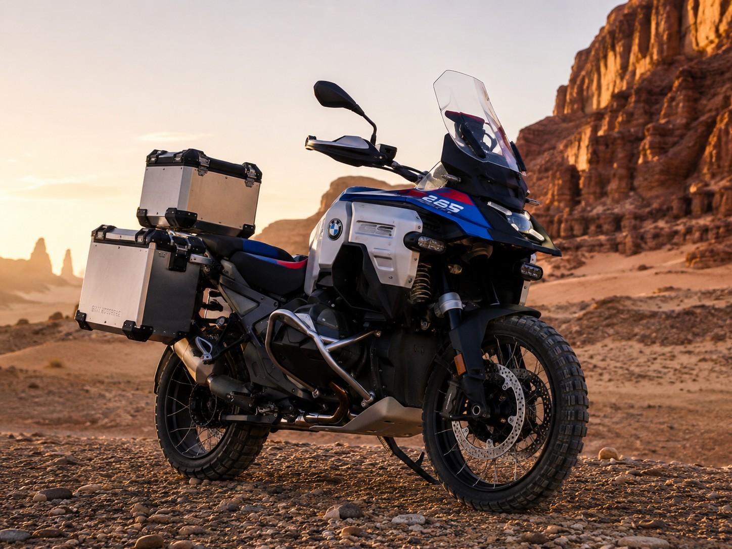 BMW R 1300 GS with larger fuel tank and expedition luggage