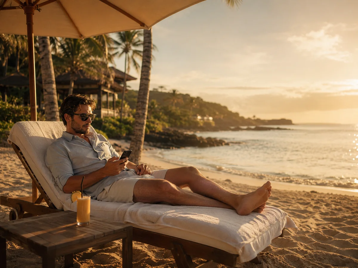 Relaxed beach tourist representing the opposite of an active adventure rider