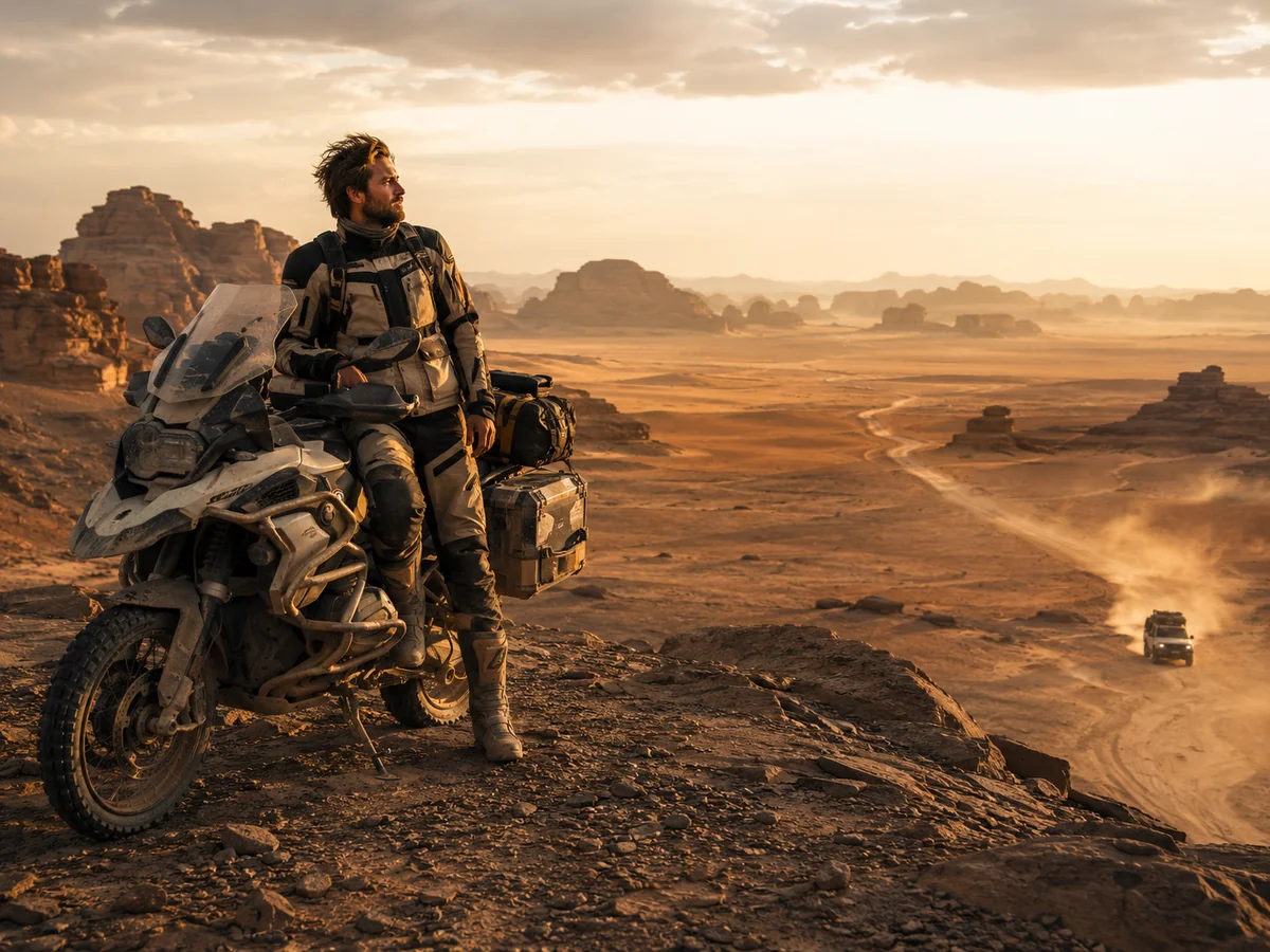 Experienced adventure rider on a BMW GS style motorcycle in the Saudi desert